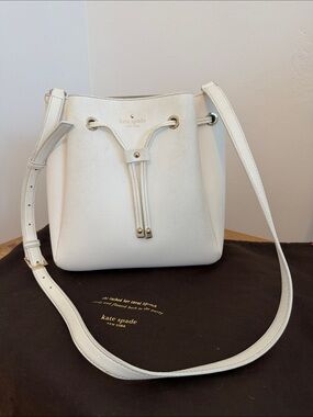 Vintage Kate Spade White Saffiano Leather Drawstring Bucket Crossbody Bag